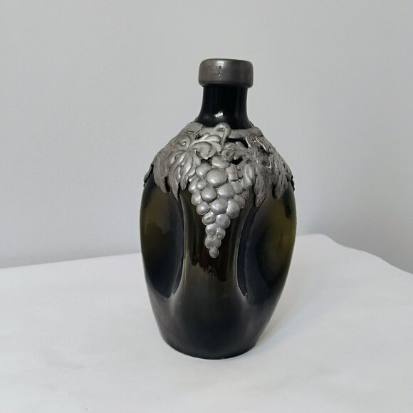 Antique Danish Topnoe Pewter Overlay & Green Glass Decanter Bottle No Stopper - Picture 2 of 8